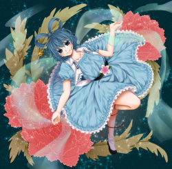 Rule 34 | 1girl, ankle socks, arm up, belt, blue background, blue dress, blue eyes, blue hair, bobby socks, collarbone, dress, eyelashes, female focus, flower, flower request, frills, hair ornament, hair rings, hair stick, kaku seiga, leaf, leaning, leg up, light particles, looking at viewer, matching hair/eyes, open hand, ribbon, shawl, shiratama (mofutto), shoes, short hair, smile, socks, solo, touhou, vest