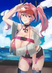 Rule 34 | 1girl, absurdres, azur lane, bad id, bad twitter id, bare shoulders, belt, bikini, black shorts, blue sky, blush, breasts, bremerton (azur lane), choker, cleavage, collarbone, crop top, crop top overhang, goggles, goggles on head, grey thighhighs, hair intakes, hair ornament, highres, kasumi saika, large breasts, licking lips, long hair, looking at viewer, mole, mole on breast, multicolored hair, pink bikini, pink eyes, pink hair, shirt, short shorts, shorts, sidelocks, sky, smile, solo, streaked hair, swimsuit, thighhighs, thighs, tongue, tongue out, twintails, white shirt