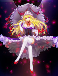 Rule 34 | 1girl, bad id, bad nicoseiga id, blonde hair, bow, breasts, bug, butterfly, cleavage, crossed legs, dress, elbow gloves, female focus, floating, garter straps, gloves, hair bow, hat, insect, large breasts, legs, long hair, long legs, looking at viewer, parasol, purple eyes, sakuyosi, sitting, smile, solo, thighhighs, thighs, touhou, umbrella, white gloves, white thighhighs, yakumo yukari
