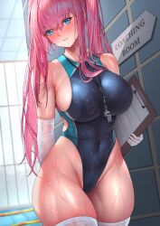 Rule 34 | 1girl, arm behind back, bare hips, bare shoulders, blue hair, blush, breasts, brick (atelier brick), cameltoe, cleft of venus, clipboard, commentary, competition swimsuit, covered erect nipples, covered navel, cowboy shot, elbow gloves, english text, gloves, grin, hair between eyes, highleg, highleg swimsuit, highres, holding, holding clipboard, indoors, large breasts, long hair, looking at viewer, narrow waist, one-piece swimsuit, original, pink hair, pink pupils, revision, sideboob, sidelocks, skindentation, smile, solo, swimsuit, thighhighs, thighs, twintails, very long hair, wet, whistle, whistle around neck, white thighhighs, wide hips