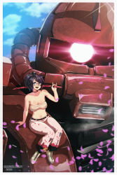 Rule 34 | 1girl, artist name, arwald, belt, black belt, black hair, blue eyes, blue hair, breasts, cleavage, cloud, commentary, crossover, english commentary, glasses, glowing, glowing eye, gundam, highres, holding, holding sword, holding weapon, kson, mecha, medium breasts, mobile suit, mobile suit gundam, multicolored hair, navel, one-eyed, over shoulder, pants, petals, pink pants, ponytail, red eyes, robot, sarashi, science fiction, sky, smile, souchou, stomach, streaked hair, sword, virtual youtuber, vshojo, weapon, weapon over shoulder, wooden sword, zaku ii s char custom