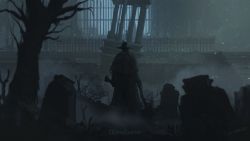 Rule 34 | 1boy, artist name, axe, bare tree, black capelet, black coat, black hat, bloodborne, capelet, coat, commentary, copyright name, father gascoigne, from behind, grave, gun, hat, highres, holding, holding axe, holding gun, holding weapon, night, outdoors, scenery, solo, stairs, tombstone, tree, tripdancer, weapon