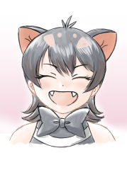 Rule 34 | 1girl, :d, ^ ^, bare shoulders, black bow, black bowtie, black hair, bow, bowtie, closed eyes, extra ears, facing viewer, fangs, gradient background, happy, kemono friends, open mouth, pink background, portrait, short hair, simple background, smile, solo, tasmanian devil (kemono friends), tasmanian devil ears, yaksini