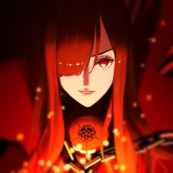 Rule 34 | 1girl, black bodysuit, bodysuit, cape, chain, collared cape, crest, embers, family crest, fate/grand order, fate (series), hair over one eye, koha-ace, long hair, looking at viewer, oda nobunaga (fate), oda nobunaga (maou avenger) (fate), oda uri, pisu, popped collar, red cape, red eyes, red hair, smile, solo