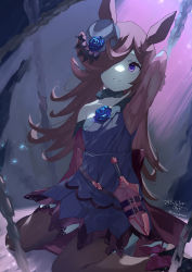 Rule 34 | 1girl, absurdres, animal ears, arm up, bare shoulders, black footwear, blue dress, blue flower, blue hat, blue rose, brown hair, brown thighhighs, chain, closed mouth, collarbone, commentary request, dagger, dress, flower, hair over one eye, hat, hat flower, highres, horse ears, knife, ochinsama, off-shoulder dress, off shoulder, purple eyes, rice shower (umamusume), rose, sheath, sheathed, shoes, signature, sitting, solo, thighhighs, tilted headwear, twitter username, umamusume, wariza, weapon