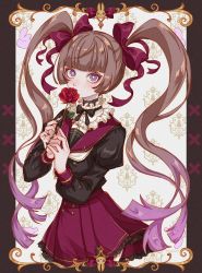 Rule 34 | 1girl, black bow, black bowtie, black shirt, blunt bangs, border, bow, bowtie, bright pupils, brown border, brown hair, covered mouth, cowboy shot, flower, framed, frilled shirt collar, frilled skirt, frills, gold trim, gradient hair, hair bow, highres, holding, holding flower, indie virtual youtuber, juliet sleeves, long hair, long sleeves, looking at viewer, multicolored hair, neckerchief, outside border, patterned background, pleated skirt, puffy sleeves, purple eyes, purple hair, red bow, red flower, red rose, red skirt, rose, rosy amadoll, saigasai, sailor collar, shirt, skirt, solo, twintails, virtual youtuber, white neckerchief, white pupils