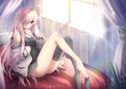 Rule 34 | 1girl, 9-nine-, amatsuji, bare shoulders, breasts, cleavage, collarbone, curtains, hair over one eye, highres, indoors, jacket, long hair, long sleeves, looking at viewer, medium breasts, off shoulder, open clothes, pink hair, red eyes, single sock, single thighhigh, sitting, skirt, socks, solo, sunlight, thighhighs, undressing, very long hair, window