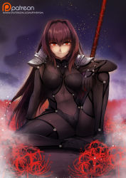 Rule 34 | 1girl, arm support, armor, bodysuit, breasts, covered navel, fate/grand order, fate (series), flower, gae bolg (fate), large breasts, long hair, looking at viewer, mibry (phrysm), pauldrons, polearm, purple hair, red eyes, scathach (fate), scathach (fate), shoulder armor, sitting, smile, solo, spear, spider lily, spread legs, very long hair, weapon
