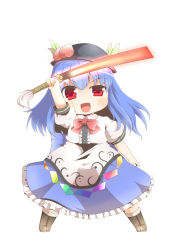 Rule 34 | 1girl, blue hair, blush, bow, cross-laced footwear, dnk, female focus, food, frills, fruit, hat, highres, hinanawi tenshi, leaf, long hair, long skirt, open mouth, peach, red eyes, short sleeves, simple background, skirt, solo, sword, sword of hisou, touhou, weapon