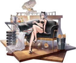 Rule 34 | 1girl, animal, azur lane, bare arms, bare legs, bare shoulders, bikini, bird, black bikini, black choker, black footwear, bottle, bow, breasts, chair, chick, choker, cleavage, copyright name, duck, giulio cesare (azur lane), giulio cesare (high tide under the sunlight) (azur lane), grin, gujianshaonu, hair bow, high heels, highres, knee up, large breasts, long hair, looking at viewer, manjuu (azur lane), navel, o-ring, o-ring bikini, official art, red eyes, sarong, shiny clothes, silver hair, sitting, smile, solo, stomach, swimsuit, thigh strap, thighs, transparent background, twintails, wooden floor
