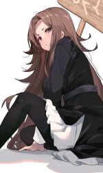 Rule 34 | 1girl, absurdres, black dress, black thighhighs, blush, breasts, brown eyes, brown hair, dress, feet out of frame, from side, hand on floor, highres, holding, holding sign, kage no jitsuryokusha ni naritakute!, knee up, large breasts, long hair, looking at viewer, looking to the side, nu (kage no jitsuryokusha ni naritakute!), open mouth, sign, simple background, sitting, solo, teeth, thighhighs, uniform, very long hair, white background, zelef