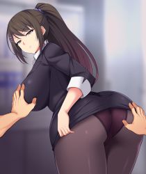 Rule 34 | 1boy, 1girl, ass, ass grab, bent over, black jacket, black skirt, blazer, blurry, blurry background, breasts, brown hair, brown pantyhose, chabashira sae, closed mouth, commentary, cowboy shot, formal, from behind, gabao (mattari 2019), glaring, grabbing, grabbing another&#039;s breast, gradient hair, hair ornament, hairclip, hetero, huge ass, jacket, lace, lace-trimmed panties, lace trim, large breasts, long hair, looking at viewer, looking back, miniskirt, multicolored hair, paid reward available, panties, panties under pantyhose, pantyhose, pencil skirt, ponytail, pov, purple eyes, purple panties, scrunchie, sexual harassment, shirt, short sleeves, skirt, solo focus, standing, thick thighs, thighs, underwear, v-shaped eyebrows, white shirt, youkoso jitsuryoku shijou shugi no kyoushitsu e