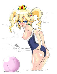 Rule 34 | 1girl, ball, blonde hair, blue eyes, breasts, crown, earrings, headset, jewelry, kerger360, mario, mario (series), naughty face, nintendo, nipples, open mouth, princess peach, school swimsuit, smile, super mario bros. 1, swimsuit, tongue, twintails