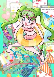 Rule 34 | 1girl, anklet, barefoot, bikini, blue eyes, blush, breasts, cellphone, confetti, emoticon, eyelashes, flip phone, fujishima moyu, full body, green hair, highres, innertube, jewelry, knees together feet apart, long hair, medium breasts, open mouth, original, party popper, phone, solo, striped bikini, striped clothes, swim ring, swimsuit, television, test card, twintails, very long hair, window (computing)