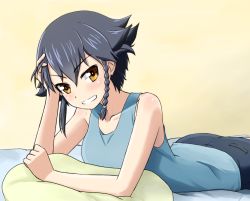 Rule 34 | 10s, 1girl, :d, arm support, bare shoulders, black hair, blue shorts, blush, body blush, braid, breasts, brown eyes, collarbone, eyebrows, girls und panzer, hair between eyes, hair ornament, hand in own hair, head tilt, looking at viewer, lying, on stomach, open mouth, pepperoni (girls und panzer), pillow, ruka (piyopiyopu), short hair, shorts, side braid, sleeveless, smile, solo, tank top
