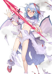 Rule 34 | 1girl, absurdres, bat wings, blue hair, censored, censored nipples, convenient censoring, dress, exploding clothes, flat chest, frown, gunnjou yosio, hair between eyes, highres, long hair, low wings, no bra, no panties, puffy short sleeves, puffy sleeves, red eyes, remilia scarlet, short sleeves, socks, solo, spear the gungnir, tearing up, torn clothes, torn dress, touhou, white dress, wings, wrist cuffs