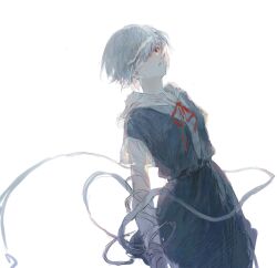 Rule 34 | 1girl, arm behind back, ayanami rei, bandaged arm, bandages, blue dress, blue hair, breasts, capelet, dress, hair over one eye, highres, huimuuu, light blue hair, long sleeves, looking at viewer, neck ribbon, neon genesis evangelion, parted lips, red eyes, red ribbon, ribbon, school uniform, short hair, simple background, sketch, small breasts, solo, tokyo-3 middle school uniform, white background, white capelet