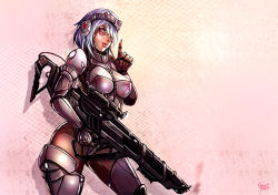 Rule 34 | 1girl, alpha (acerailgun), android, blue hair, borrowed character, breasts, cowboy shot, fingerless gloves, gloves, goggles, goggles on head, gun, headgear, kachima, large breasts, original, pink eyes, rifle, shadow, signature, smoke, smoking barrel, solo, standing, weapon, wide hips