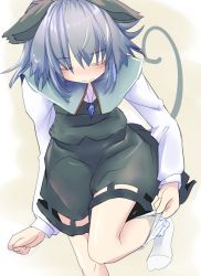 Rule 34 | 1girl, animal ears, bent over, blush, capelet, closed eyes, grey hair, ishikkoro, jewelry, long sleeves, mouse ears, mouse tail, nazrin, necklace, shirt, short hair, simple background, skirt, skirt set, sock pull, socks, solo, tail, touhou, vest, white socks