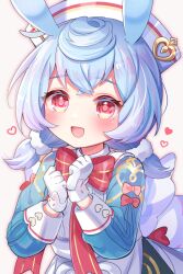 Rule 34 | 1girl, absurdres, animal ears, black hair, blue hair, bow, dress, genshin impact, gloves, hair between eyes, hair ornament, hat, highres, long sleeves, looking at viewer, low twintails, multicolored hair, open mouth, red eyes, short hair, sigewinne (genshin impact), smile, twintails, umishima rinta, white gloves