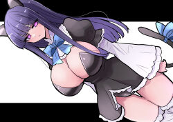 Rule 34 | 1girl, alternate breast size, animal ears, black background, black dress, blue ribbon, breasts, cat ears, cat tail, cleavage, closed mouth, dress, dutch angle, frederica bernkastel, highres, huge breasts, layered sleeves, long28, long sleeves, looking at viewer, purple eyes, ribbon, short over long sleeves, short sleeves, sidelocks, solo, tail, tail ornament, tail ribbon, two-tone background, umineko no naku koro ni, white background