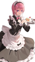 Rule 34 | 1girl, :q, absurdres, alternate costume, apron, black dress, blue eyes, blush, bow, bowtie, breasts, cake, cake slice, cleavage, cleavage cutout, closed mouth, clothing cutout, coffee, coffee cup, collar, cup, disposable cup, dress, enmaided, eyebrows hidden by hair, eyelashes, food, food on face, frilled apron, frills, go-toubun no hanayome, hair between eyes, highres, holding, holding tray, juliet sleeves, large breasts, licking lips, long sleeves, maid, maid apron, nakano ichika, pink bow, pink bowtie, pink hair, puffy sleeves, raikun raikun, short hair, simple background, smile, standing, straight hair, tongue, tongue out, tray, white apron, white background, white collar