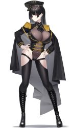Rule 34 | 1girl, absurdres, black hair, black thighhighs, blunt bangs, boots, breasts, cape, cleavage, contrapposto, covered navel, epaulettes, full body, gluteal fold, hands on own hips, hat, highres, hime cut, large breasts, leotard, long hair, looking at viewer, navel, necktie, original, peaked cap, red eyes, see-through, simple background, solo, thighhighs, white background, yamanokami eaka