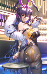 Rule 34 | 1girl, absurdres, animal ears, black hair, black leotard, blurry, blurry background, breasts, chalice, character request, cleavage, cup, earrings, echocalypse, fake animal ears, feather boa, hair between eyes, highres, holding, holding cup, jewelry, large breasts, leotard, liquid, long hair, looking at viewer, pantyhose, parted lips, playboy bunny, purple eyes, purple nails, rabbit ears, shicha (luohuan.nick), solo, spilling, stool, torn clothes, torn pantyhose