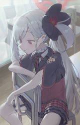 Rule 34 | 1girl, black flower, blue archive, blush, chair, classroom, curtains, desk, duplicate, flower, frilled skirt, frills, goowonjoon, grey hair, hair flower, hair ornament, halo, highres, indoors, light particles, long hair, mutsuki (blue archive), pixel-perfect duplicate, plaid, plaid skirt, pointy ears, ponytail, purple eyes, red flower, red skirt, roman numeral, school chair, school desk, side ponytail, sitting, skirt, smile, solo, spread legs, thigh strap, windowsill, wooden floor