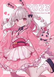 Rule 34 | 1girl, 2023, :o, absurdres, animal ears, bloomers, blush, bow, bowtie, chinese zodiac, colored inner hair, commentary, drill hair, fake animal ears, fang, floral print, foot out of frame, frilled kimono, frills, grey hair, hair ornament, happy new year, highres, japanese clothes, karunabaru, kimono, kimono skirt, leg up, lolita fashion, long hair, looking at viewer, makaino ririmu, multicolored hair, new year, nijisanji, obi, okobo, open mouth, pink eyes, pink hair, pink kimono, pointy ears, rabbit ears, rabbit hair ornament, sandals, sash, socks, solo, streaked hair, stuffed animal, stuffed rabbit, stuffed toy, symbol-only commentary, tabi, two-tone hair, two side up, underwear, virtual youtuber, wa lolita, white bloomers, white socks, year of the rabbit