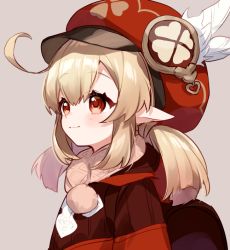 Rule 34 | 1girl, ahoge, backpack, bag, blush, brown background, cabbie hat, closed mouth, commentary request, dress, feathers, genshin impact, hair between eyes, hat, hat feather, klee (genshin impact), light brown hair, low twintails, pointy ears, red dress, red eyes, red hat, sidelocks, simple background, smile, solo, twintails, upper body, white feathers, yamabukiiro