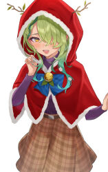 Rule 34 | 1girl, :d, antlers, antlers through headwear, aotake iro, braid, branch, capelet, ceres fauna, flower, french braid, green hair, green nails, hair flower, hair ornament, hair over one eye, high-waist skirt, highres, hololive, hololive english, hood, hood up, horns, leaf, looking at viewer, mole, mole under eye, nail polish, open mouth, simple background, skirt, smile, solo, sweater, virtual youtuber, white background, yellow eyes