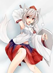 Rule 34 | 1girl, animal ears, armpits, bare shoulders, bd-0, breasts, detached sleeves, hat, inubashiri momiji, looking at viewer, nano (ex925868312), navel, pom pom (clothes), red eyes, sarashi, shield, short hair, silver hair, skirt, small breasts, solo, sword, tail, touhou, weapon, wolf ears, wolf tail