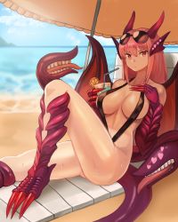 Rule 34 | 1girl, animal ears, animal hands, ass, bad link, beach, beach chair, black one-piece swimsuit, blue sky, blush, breasts, claws, closed mouth, cloud, commentary, commission, cup, day, dragon girl, dragon horns, dragon tail, dragon wings, drink, drinking glass, drinking straw, english commentary, eyewear on head, fingernails, fins, food, from side, fruit, gold teeth, hair between eyes, hand on own chest, head fins, heart, holding, holding cup, holding drinking glass, horizon, horns, jabberwock (monster girl encyclopedia), knee up, large breasts, long fingernails, long hair, looking at viewer, monster girl, monster girl encyclopedia, ocean, one-piece swimsuit, orange (fruit), orange slice, outdoors, pink hair, red eyes, second-party source, sitting, sky, slingshot swimsuit, slit pupils, solo, sookmo, sunglasses, sweat, swimsuit, tail, tentacles, wings
