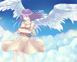 Rule 34 | 1girl, above clouds, alternate costume, bird wings, blue sky, book, hugging book, brooch, character name, cloud, collarbone, crescent, day, dress, closed eyes, feathers, flying, highres, holding, holding book, jewelry, light particles, light smile, long hair, hugging object, orinpachu, patchouli knowledge, purple hair, sky, solo, star (symbol), touhou, wind, wings