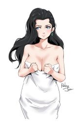 Rule 34 | 1girl, artist name, bare shoulders, black hair, blue eyes, breasts, cleavage, closed mouth, collarbone, earrings, highres, jewelry, jojo no kimyou na bouken, large breasts, lisa lisa, long hair, looking to the side, pink lips, relaxjon, solo, towel, white background, white towel