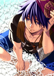 Rule 34 | 1boy, adjusting clothes, adjusting headwear, armor, barefoot, black shirt, blue hair, blue shorts, chrono cross, from above, hair between eyes, hand in own hair, jewelry, male focus, necklace, ocean, partially submerged, purple eyes, serge (chrono cross), shirt, short hair, shorts, sitting, solo, t-shirt, waves, wet, yasshan