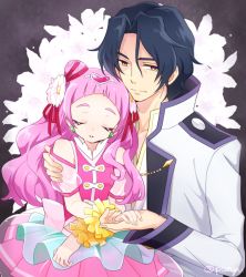 Rule 34 | 10s, 1boy, 1girl, bare shoulders, black hair, coat, commentary request, cone hair bun, cure yell, earrings, closed eyes, floral background, flower, george kurai, hair between eyes, hair bun, hair flower, hair ornament, hair ribbon, heart, heart hair ornament, holding hands, hugtto! precure, jewelry, leaning on person, lily (flower), lipstick, long hair, long sleeves, magical girl, makeup, nono hana, pink hair, pink skirt, pom pom (cheerleading), precure, ribbon, see-through, see-through sleeves, shaded face, sitting, sitting on lap, sitting on person, skirt, sleeping, sleeping on person, twitter username, white flower, yellow eyes, yui (kanatamoo)