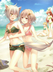 Rule 34 | 4girls, :d, absurdres, animal ears, bare shoulders, barefoot, beach, bikini, blonde hair, blue eyes, blush, breasts, brown hair, character request, cleavage, cloud, collarbone, covering own mouth, day, elsa (genkai tokki monster monpiece), embarrassed, eye contact, fenrir (genkai tokki monster monpiece), footprints, frilled bikini, frills, front-tie bikini top, front-tie top, fukahire (ruinon), genkai tokki monster monpiece, glasses, grabbing, grabbing another&#039;s breast, green bikini, green eyes, green ribbon, green skirt, groin, hair ornament, hair ribbon, hand over own mouth, high ponytail, highres, long hair, looking at another, medium breasts, mei esperio, microskirt, multiple girls, navel, o-ring, o-ring top, ocean, one eye closed, open mouth, outdoors, pink bikini, red-framed eyewear, ribbon, semi-rimless eyewear, short hair, side-tie bikini bottom, silver hair, sitting, skirt, sky, small breasts, smile, swimsuit, tail, tail grab, twintails, under-rim eyewear, water, yellow eyes