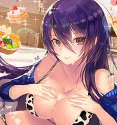 Rule 34 | 1girl, animal print, bad id, bad pixiv id, banana, banana slice, bikini, bikini under clothes, blue n, blurry, blush, breast suppress, breasts, bubble, bust cup, cake, cake slice, cardigan, chain, cleavage, closed mouth, collarbone, cow print, depth of field, dessert, eyebrows, floating, floating object, flower, food, food between breasts, food on body, food on face, fruit, fruit tart, hair between eyes, hands on own chest, highres, jar, large breasts, levitation, lips, long hair, looking at viewer, md5 mismatch, off shoulder, open cardigan, open clothes, original, print bikini, purple eyes, purple hair, sexually suggestive, smile, solo, sparkle, strawberry, strawberry shortcake, swimsuit, tart (food), upper body