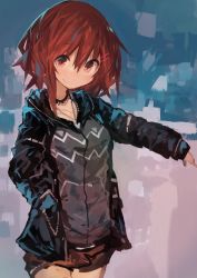 Rule 34 | 1girl, absurdres, alternate costume, black jacket, blue background, brown eyes, brown hair, choker, cowboy shot, hair between eyes, hair ornament, hairclip, highres, hood, hoodie, ikazuchi (kancolle), jacket, kaamin (mariarose753), kantai collection, light smile, looking at viewer, outstretched arm, pink background, purple background, shorts, solo