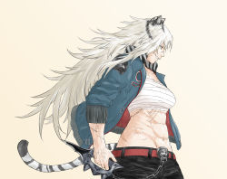 Rule 34 | 1girl, abs, absurdres, animal ears, arknights, bandages, beige background, belt, black pants, blue jacket, breasts, chain, chest sarashi, commentary request, grey eyes, grin, highres, holding, holding knife, holding weapon, indra (arknights), jacket, knife, long hair, long sleeves, medium breasts, midriff, muscular, muscular female, pants, partial commentary, profile, red belt, reverse grip, sarashi, scar, silver hair, simple background, smile, solo, stitches, stomach, strapless, tail, takehara akiizumi, tiger ears, tiger tail, tube top, upper body, very long hair, weapon