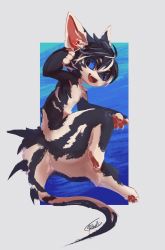 Rule 34 | 1boy, animal hands, black hair, blue eyes, body fur, fang, furry, furry male, highres, male focus, multicolored hair, nude, open mouth, original, rady-wolf, signature, solo, tail, white hair