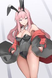 Rule 34 | 1girl, absurdres, animal ears, breasts, cleavage, detached collar, fake animal ears, highres, hololive, hololive english, jacket, leotard, long hair, mori calliope, off shoulder, pink eyes, pink hair, playboy bunny, seino (sasakike1305), solo, virtual youtuber