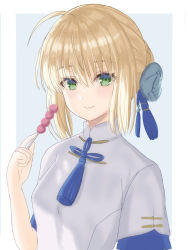 Rule 34 | 1girl, ahoge, alternate costume, artoria pendragon (all), artoria pendragon (fate), blonde hair, chinese clothes, fate/grand order, fate/stay night, fate (series), food, green eyes, hair between eyes, holding, holding food, kazama (akki12), looking at viewer, medium hair, saber (fate), shirt, short sleeves, sidelocks, smile, solo, two-tone background, upper body, white shirt