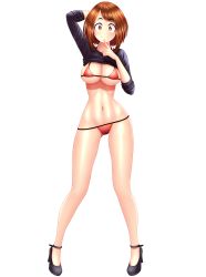 Rule 34 | 1girl, absurdres, arm behind head, boku no hero academia, bra, brayan aguilar, breasts, brown bra, brown eyes, brown hair, brown panties, cleavage, clothes lift, commentary, english commentary, finger to mouth, high heels, highres, large breasts, long sleeves, lowleg, lowleg panties, navel, panties, purple shirt, red footwear, shirt, shirt lift, short hair, simple background, smile, solo, underwear, uraraka ochako, white background