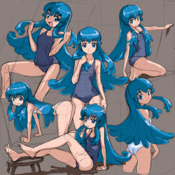 Rule 34 | 10s, 1girl, all fours, blue eyes, blue hair, blush, brown background, happinesscharge precure!, kneeling, long hair, looking at viewer, looking back, matching hair/eyes, multiple views, one-piece swimsuit, open mouth, precure, rohitsuka, school swimsuit, shirayuki hime, sitting, sketch, smile, swimsuit, white school swimsuit, white one-piece swimsuit
