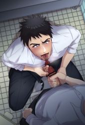 Rule 34 | 2boys, age difference, bathroom, black hair, blush, censored, drooling, erection, facial hair, highres, izukonohito, kneeling, male focus, masturbation, multiple boys, naughty face, necktie, open mouth, original, penis, penis grab, saliva, school, steam, sweat, teacher and student, toilet, tongue, tongue out, yaoi