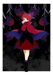 Rule 34 | 1girl, absurdres, ayamakinyan (xianjian), black footwear, black shirt, blue bow, blue cape, blue socks, border, bow, cape, commentary request, disembodied head, floating head, full body, hair bow, hand up, highres, long sleeves, red cape, red eyes, red hair, red skirt, sekibanki, shirt, shoes, short hair, skirt, socks, solo, touhou, two-sided cape, two-sided fabric, white border