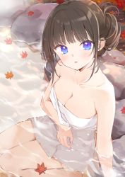 Rule 34 | 1girl, bare legs, bare shoulders, barefoot, black hair, blue eyes, blush, breasts, cleavage, collarbone, eyebrows, fingernails, highres, large breasts, leaf, long hair, looking at viewer, looking up, maigoyaki, maple leaf, mole, mole on breast, mole on shoulder, nail polish, naked towel, onsen, original, parted lips, partially submerged, pink nails, sitting, towel